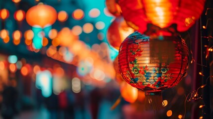 Close up of Chinese red lantern in the night of Chinese New Year of happiness Street backgrounds with copy space, Spring festival, lunar new year celebration banner. - obrazy, fototapety, plakaty