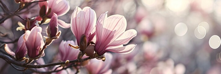 magnolia tree blossom in springtime. tender pink flowers bathing in sunlight. warm april weather...