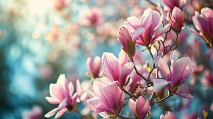 magnolia tree blossom in springtime. tender pink flowers bathing in sunlight. warm april weather and beautiful sunshine, close up of panorama spring background with copy space. - obrazy, fototapety, plakaty