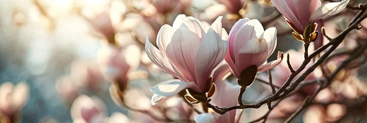 Rugzak magnolia tree blossom in springtime. tender pink flowers bathing in sunlight. warm april weather and beautiful sunshine, close up of panorama spring background with copy space. © Jasper W