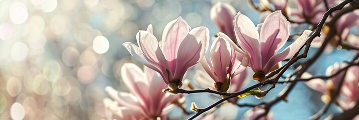 magnolia tree blossom in springtime. tender pink flowers bathing in sunlight. warm april weather...
