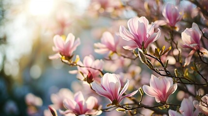 magnolia tree blossom in springtime. tender pink flowers bathing in sunlight. warm april weather and beautiful sunshine, close up of panorama spring background with copy space.