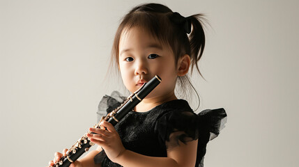 Cute toddler Asian girl kid in black dress playing flute isolated on gray background with copy space, studio shot of child portrait with space for text.