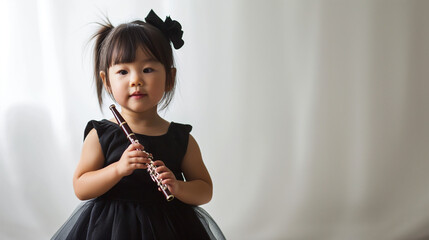 Cute toddler Asian girl kid in black dress playing flute isolated on gray background with copy space, studio shot of child portrait with space for text.