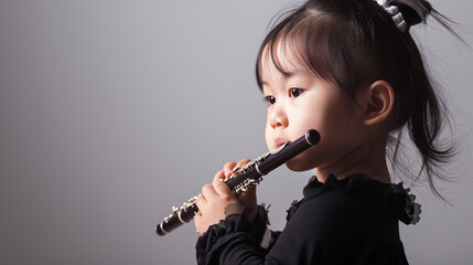 Cute toddler Asian girl kid in black dress playing flute isolated on gray background with copy space, studio shot of child portrait with space for text.