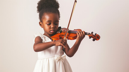 Portrait of cute little mixed race toddler girl in white dress playing violin isolated on white background with copy space. - obrazy, fototapety, plakaty