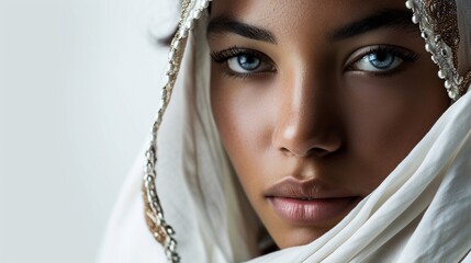 A beautiful young girl with white cowl and golden ethnic jewelries looks intently at the camera. Woman in the hood and clothes for the desert, close up fantasy beauty portrait with copy space.