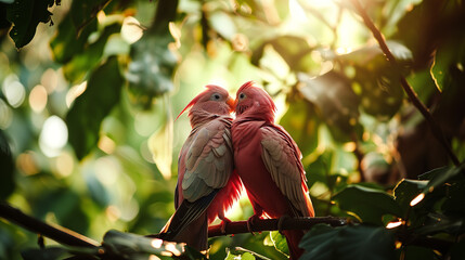 Valentine's Day photo of two pink love birds kissing on a tree branch on a sunny day in a tropical rainforest