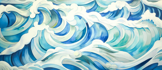 Abstract water ocean wave, blue, aqua, teal texture. Blue and white big water waves, web banner graphic resource background.  Sail boat sailing, surfing, whale watching, fishing ocean wave art by Vita