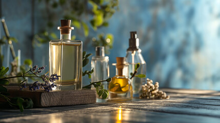 Perfume bottles on blue backgrounds with copy space.