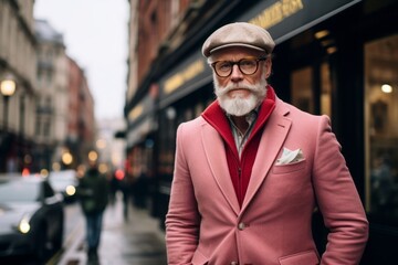 Portrait of a handsome senior man with gray beard wearing a pink coat and beret walking down a...