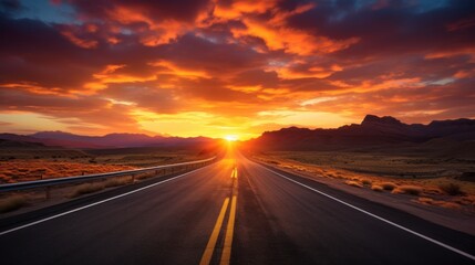 Open road stretches towards  dramatic sunset.