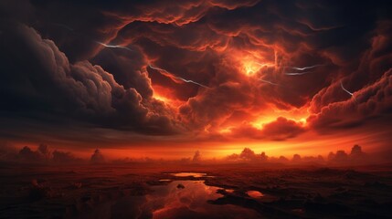 Thunderstorm clouds loom over  fiery horizon.