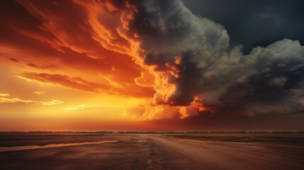 Naklejka na ściany i meble Thunderstorm clouds loom over fiery horizon.