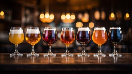 Lineup of craft beers stands against  blurred bar backdrop.