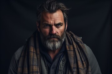 Portrait of a handsome bearded man with a gray beard and a shawl