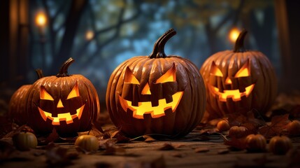 Jack-o'-lanterns glow on  spooky halloween evening.