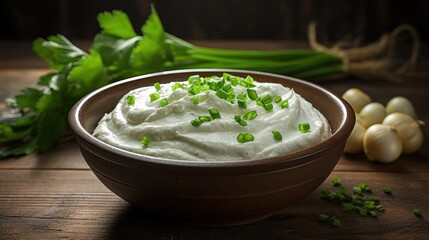 Bowl of fresh sour cream topped with vibrant green onions on  rustic table.