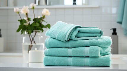 Obraz na płótnie Canvas Soft turquoise towels are stacked neatly in serene bathroom.