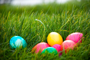 Fototapeta na wymiar Colorful easter eggs in the grass