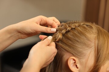 Fototapeta premium Professional hairdresser braiding girl's hair in beauty salon, closeup