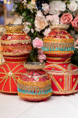 Fototapeta na wymiar Traditional Indian Wedding decoration pots. Wedding Ceremony.