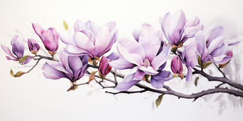 Fototapeta premium Watercolour illustration of violet magnolia, botanical illustration, springtime flowers