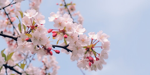 Fototapeta premium Springtime. Many blossoms are blooming on the branches, blue sky
