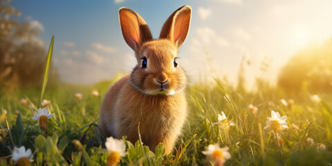 Fototapeta premium A cute rabbit in the grass fields on a spring day