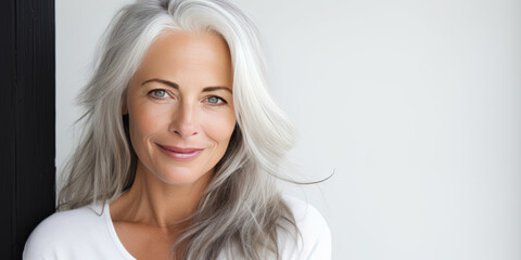 Middle aged woman with beautiful white hair, copy space