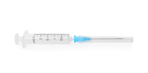 New medical syringe with needle isolated on white