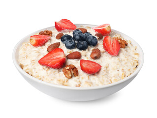 Tasty boiled oatmeal with berries and nuts in bowl isolated on white