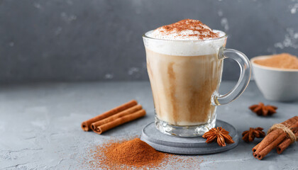 Obraz na płótnie Canvas Side view of delicious cappuccino coffee with milk foam sprinkled with cinnamon in a transparent glass mug on a gray background, horizontal format