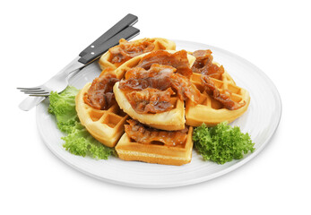 Obraz na płótnie Canvas Plate with tasty Belgian waffles, bacon, lettuce and cutlery isolated on white