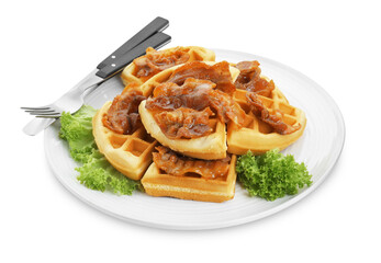 Plate with tasty Belgian waffles, bacon, lettuce and cutlery isolated on white