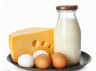 Bottle of milk, eggs and cheese isolated on white background