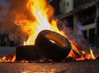 Tires on fire in the middle of the street. Social disturbance. - obrazy, fototapety, plakaty
