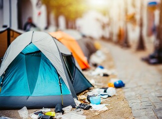 Tents on the streets, surrounded by trash. Poverty and indigence concept.