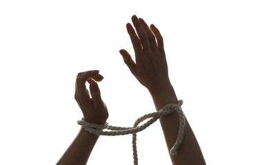 Freedom concept. Woman with tied arms on white background, closeup