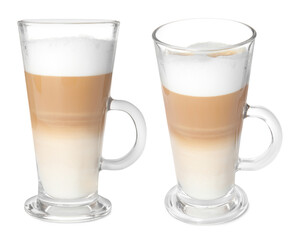 Delicious latte macchiato on white background, different angles
