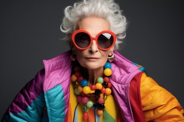 Portrait of a beautiful senior woman wearing sunglasses and colorful clothes.