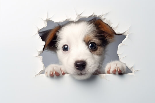 Cute Puppy peeking out of a hole in the wall