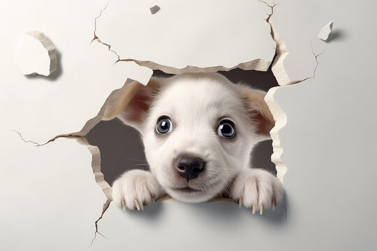 Cute Puppy peeking out of a hole in the wall