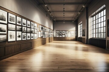 3D rendering of an empty museum gallery with a blank wall and clear mockup lobby for artwork presentation. Located in a loft corridor. Generative AI