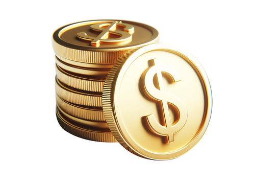 3D-rendered gold dollar coin stack, showcased in PNG format for versatile use. This microstock asset exudes financial strength, prosperity, and luxury.