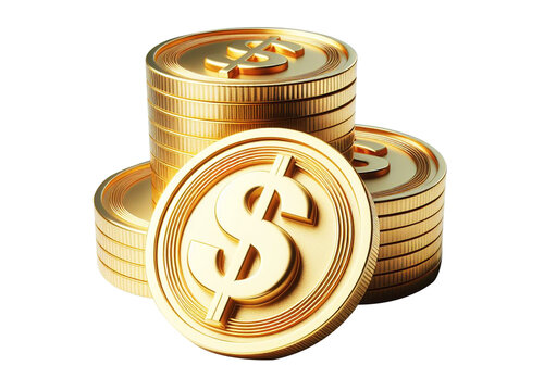 3D-rendered gold dollar coin stack, showcased in PNG format for versatile use. This microstock asset exudes financial strength, prosperity, and luxury.