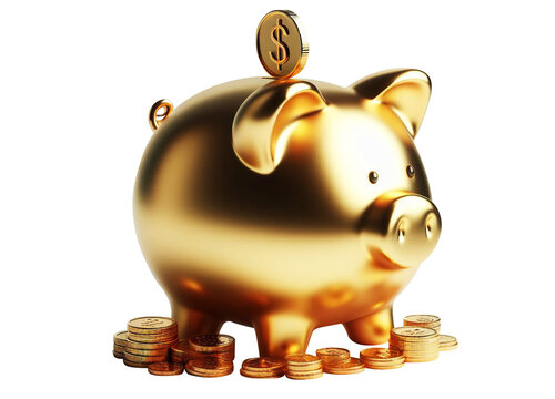 3D-rendered gold piggy bank adorned with coins, presented in PNG format for versatile use. This asset symbolizes wealth, financial prosperity, and savings, adding a touch of opulence to project.