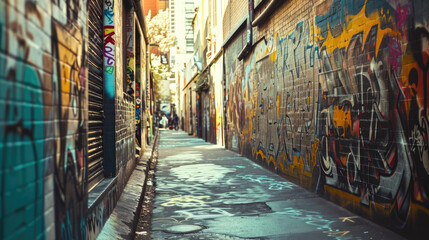 Fototapeta na wymiar Amber and Mint Green Graffiti-Filled Catwalk