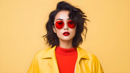 portrait of asian girl looking surprised wow face takes off sunglasses and staring impressed camera standing white background - obrazy, fototapety, plakaty