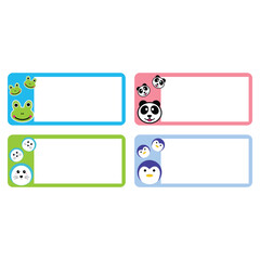 Four frames for your text and a funny frog. Vector illustration. sticker labels to identify a book or our belongings. Cute sticker design for children that can be printed